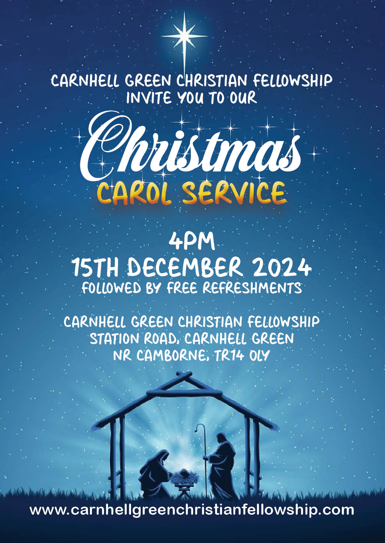 Carnhell Green Christian Fellowship invites you to our Christmas Carol Service - 15th December at 4pm